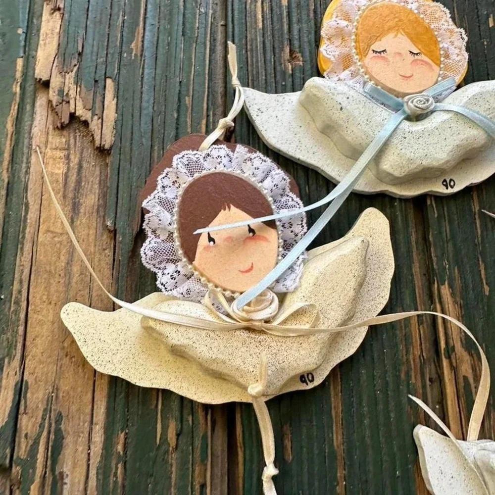 Vintage 1990‎ Handmade Dough Angel Ornaments Set of 5 Lace Pearl Cottagecore 90s